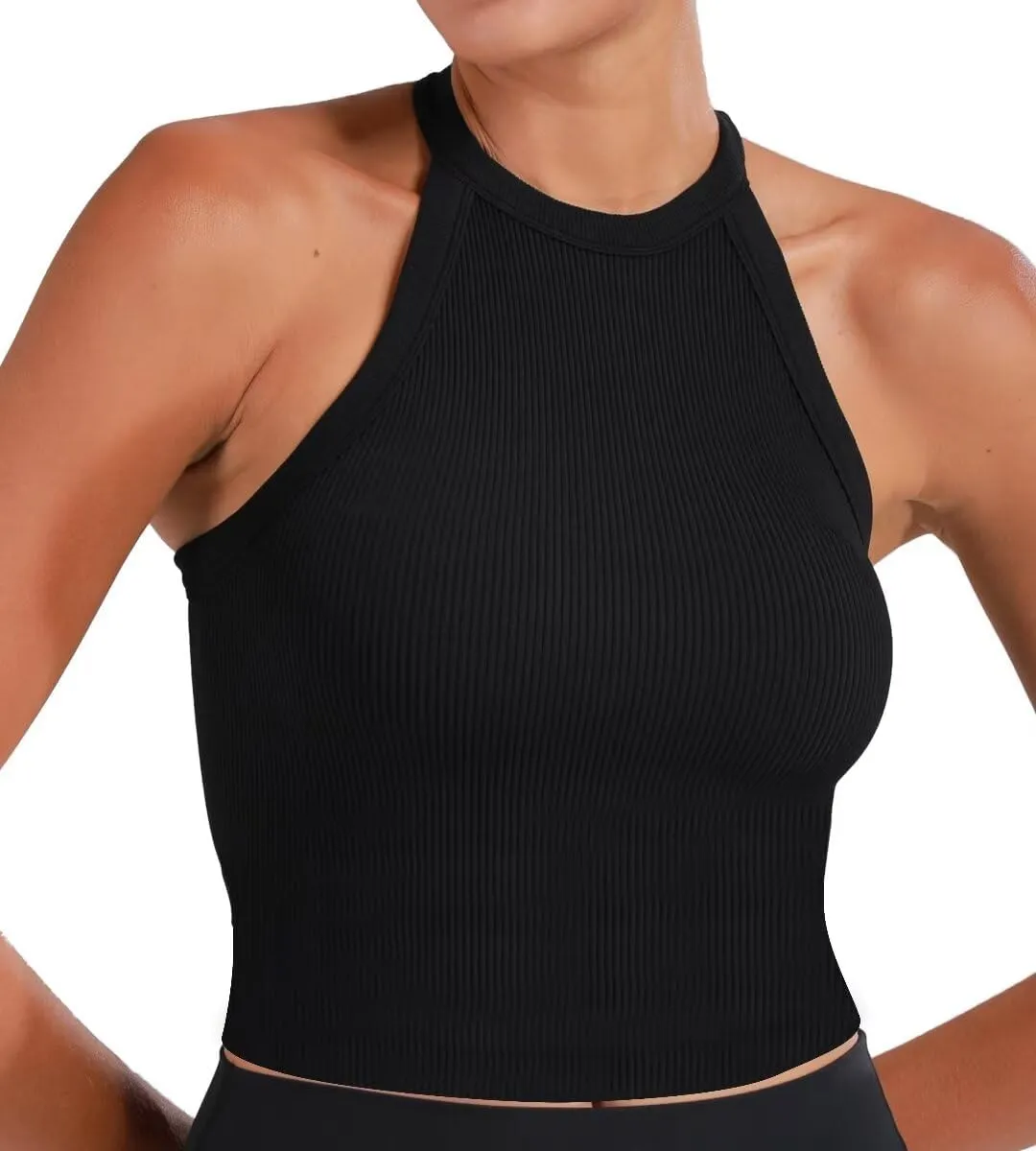 Sunzel Ribbed Tank Tops for Women, Halter High Neck Seamless Cute Crop Top, Basics Sleeveless Workout Athletic Yoga Shirts