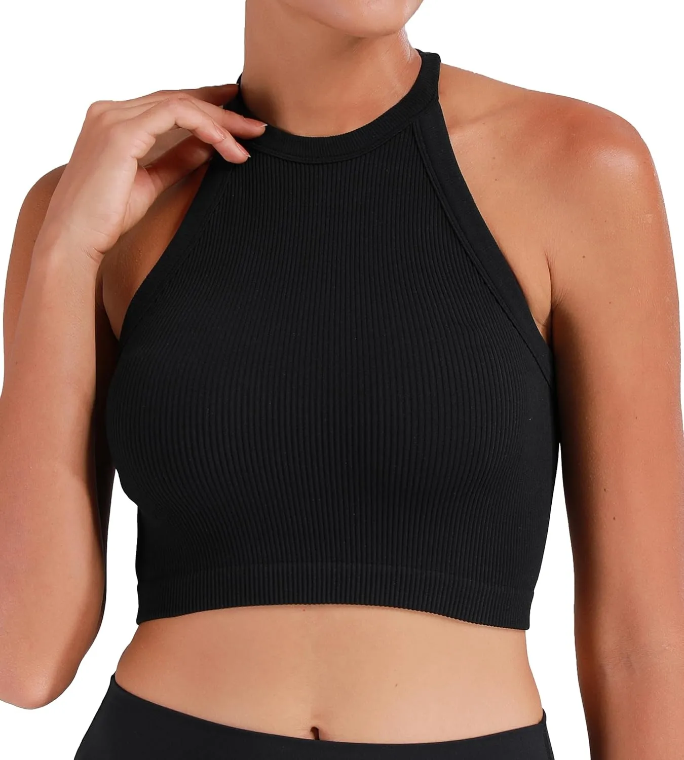 Sunzel Ribbed Tank Tops for Women, Halter High Neck Seamless Cute Crop Top, Basics Sleeveless Workout Athletic Yoga Shirts