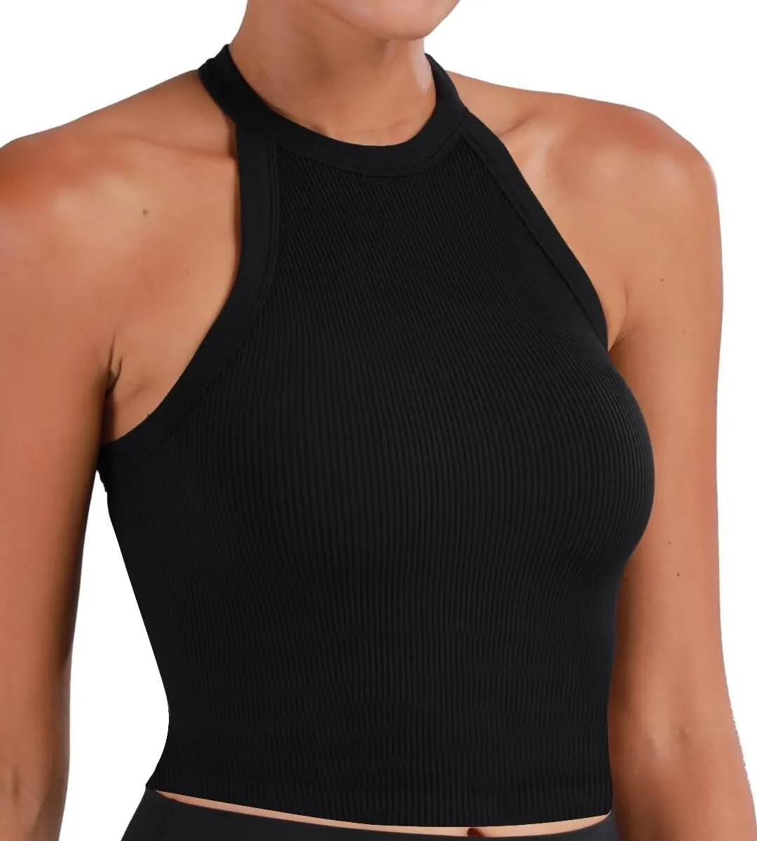 Sunzel Ribbed Tank Tops for Women, Halter High Neck Seamless Cute Crop Top, Basics Sleeveless Workout Athletic Yoga Shirts