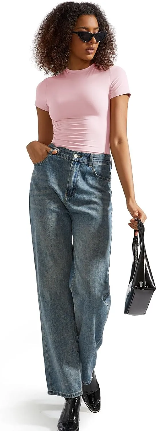SUUKSESS Women Double Lined Fitted Basic Tee Crew Neck Short Sleeve Y2K Crop Top