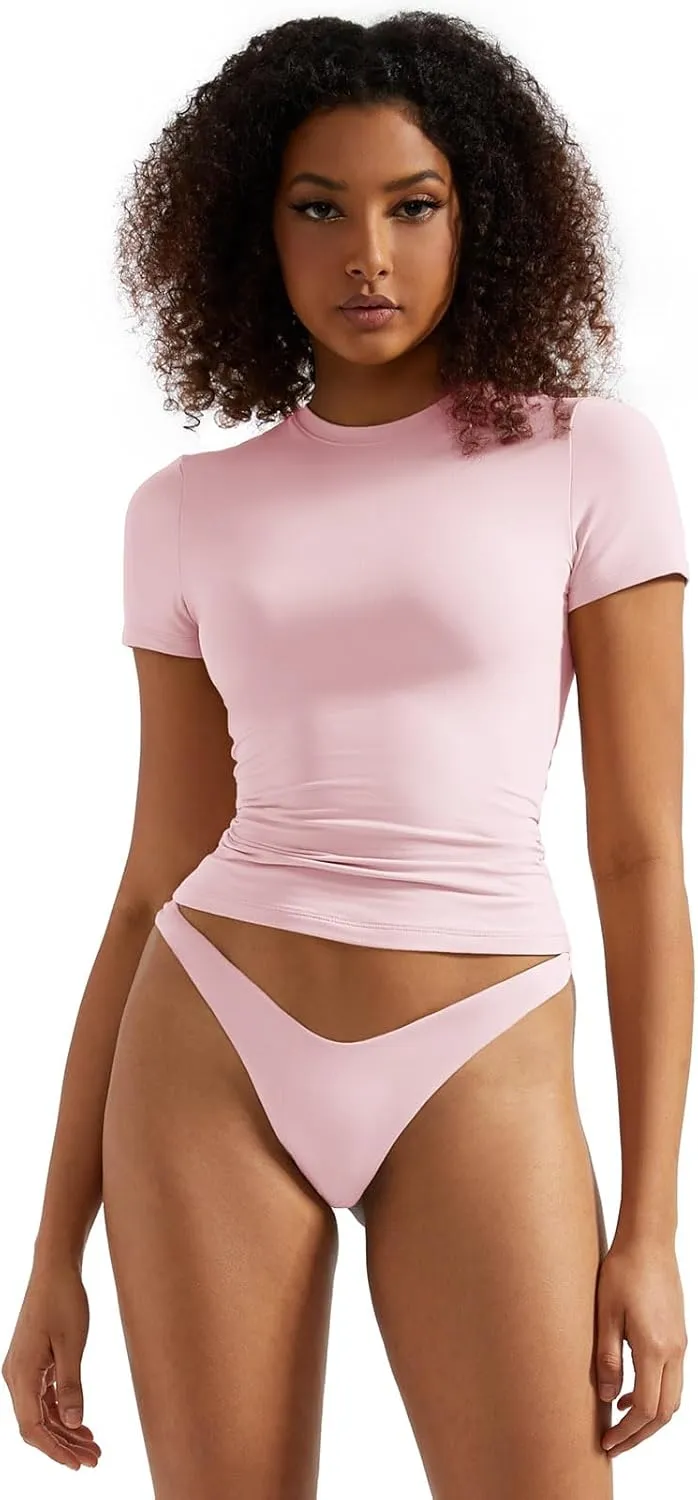 SUUKSESS Women Double Lined Fitted Basic Tee Crew Neck Short Sleeve Y2K Crop Top
