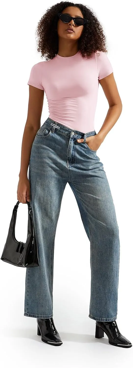 SUUKSESS Women Double Lined Fitted Basic Tee Crew Neck Short Sleeve Y2K Crop Top