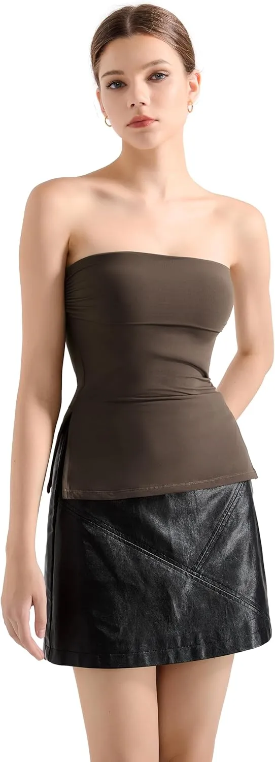 SUUKSESS Women Double Lined Going Out Trendy Tube Tops Side Split Sexy Tank Tops