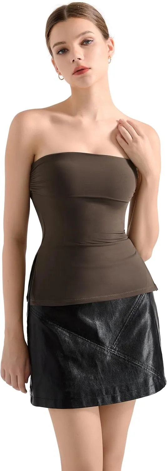 SUUKSESS Women Double Lined Going Out Trendy Tube Tops Side Split Sexy Tank Tops