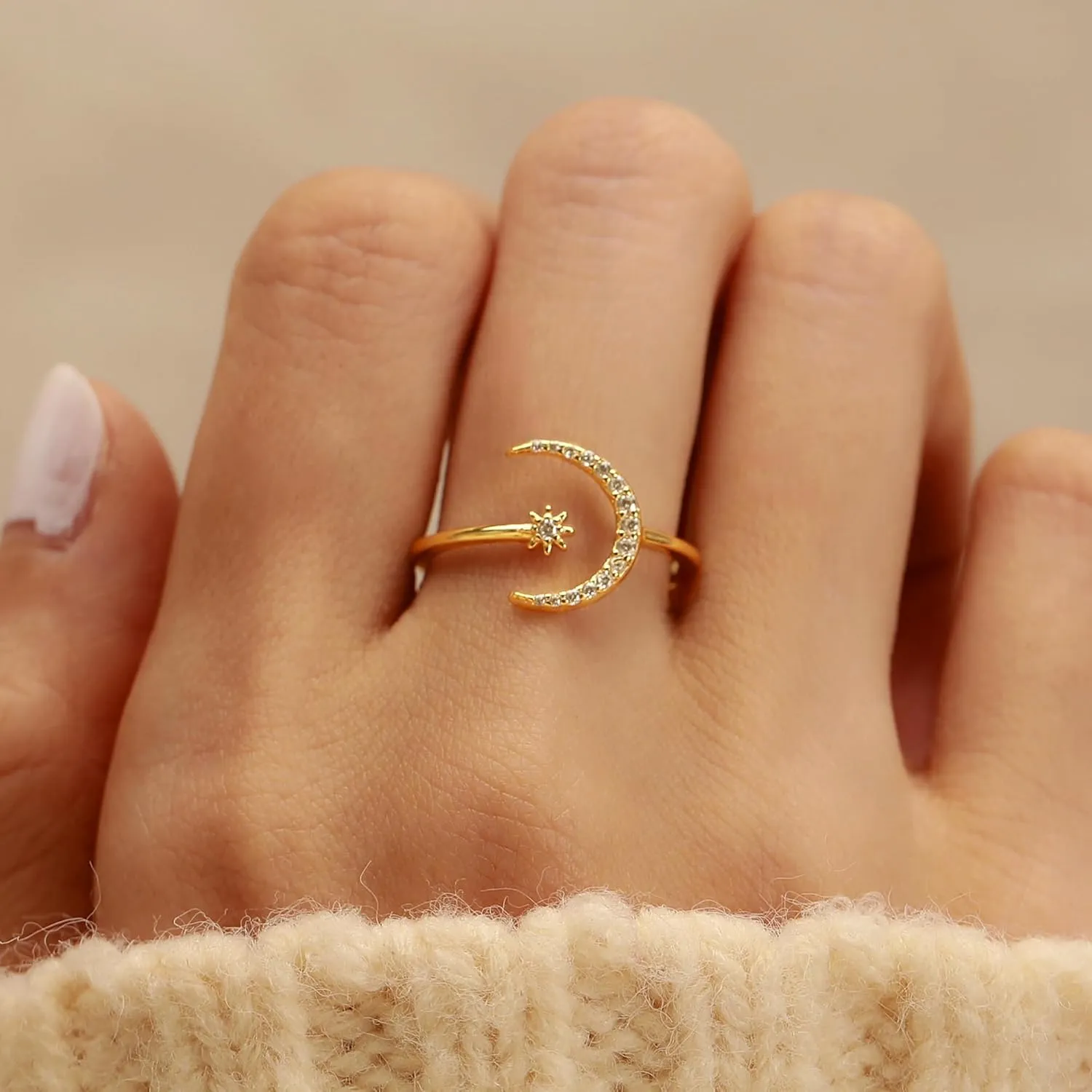 SUYACS 925 Sterling Silver Star and Moon Rings for Women 14K Gold Plated Adjustable Open Moon CZ Statement Ring Crescent Finger Ring Jewelry Birthday Engagement Gifts to Daughter