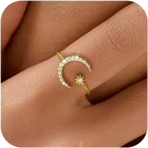 SUYACS 925 Sterling Silver Star and Moon Rings for Women 14K Gold Plated Adjustable Open Moon CZ Statement Ring Crescent Finger Ring Jewelry Birthday Engagement Gifts to Daughter