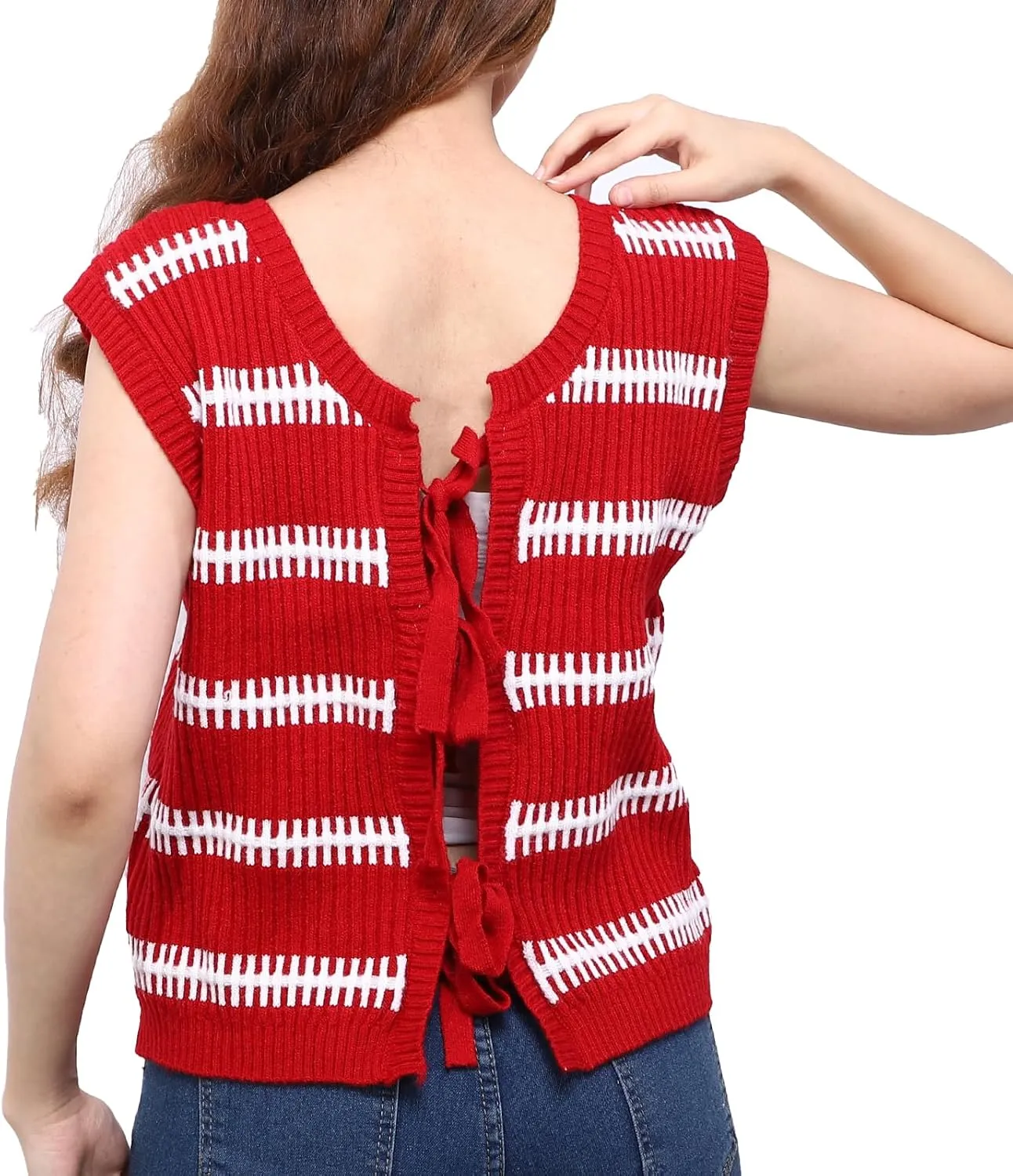 Sweater Vest Women Casual Sleeveless Crochet Tops Color Block Tie Back Knit Tank Tops with Pockets