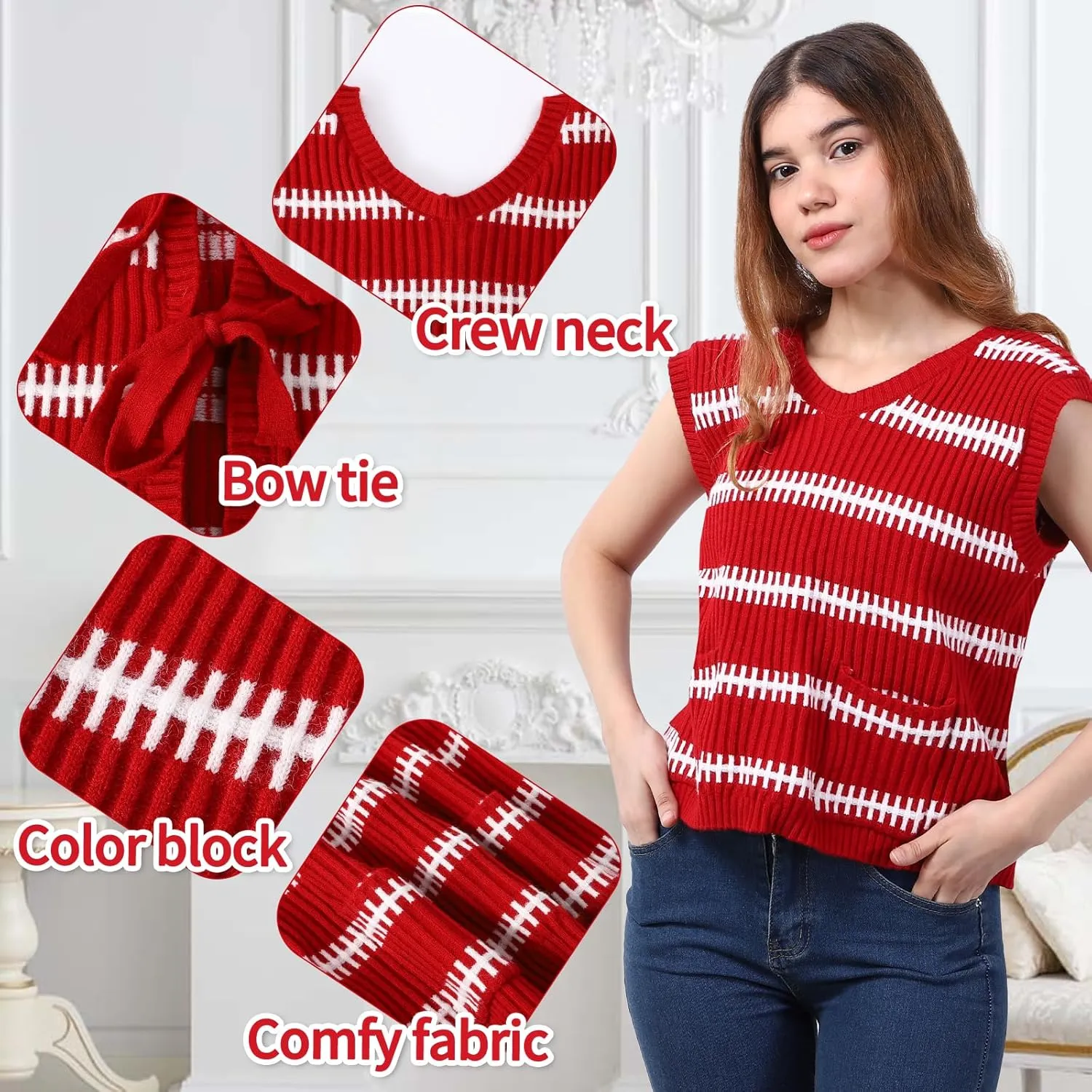 Sweater Vest Women Casual Sleeveless Crochet Tops Color Block Tie Back Knit Tank Tops with Pockets