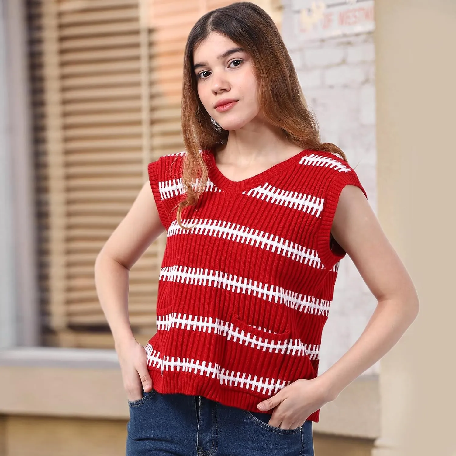 Sweater Vest Women Casual Sleeveless Crochet Tops Color Block Tie Back Knit Tank Tops with Pockets