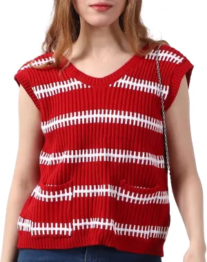 Sweater Vest Women Casual Sleeveless Crochet Tops Color Block Tie Back Knit Tank Tops with Pockets