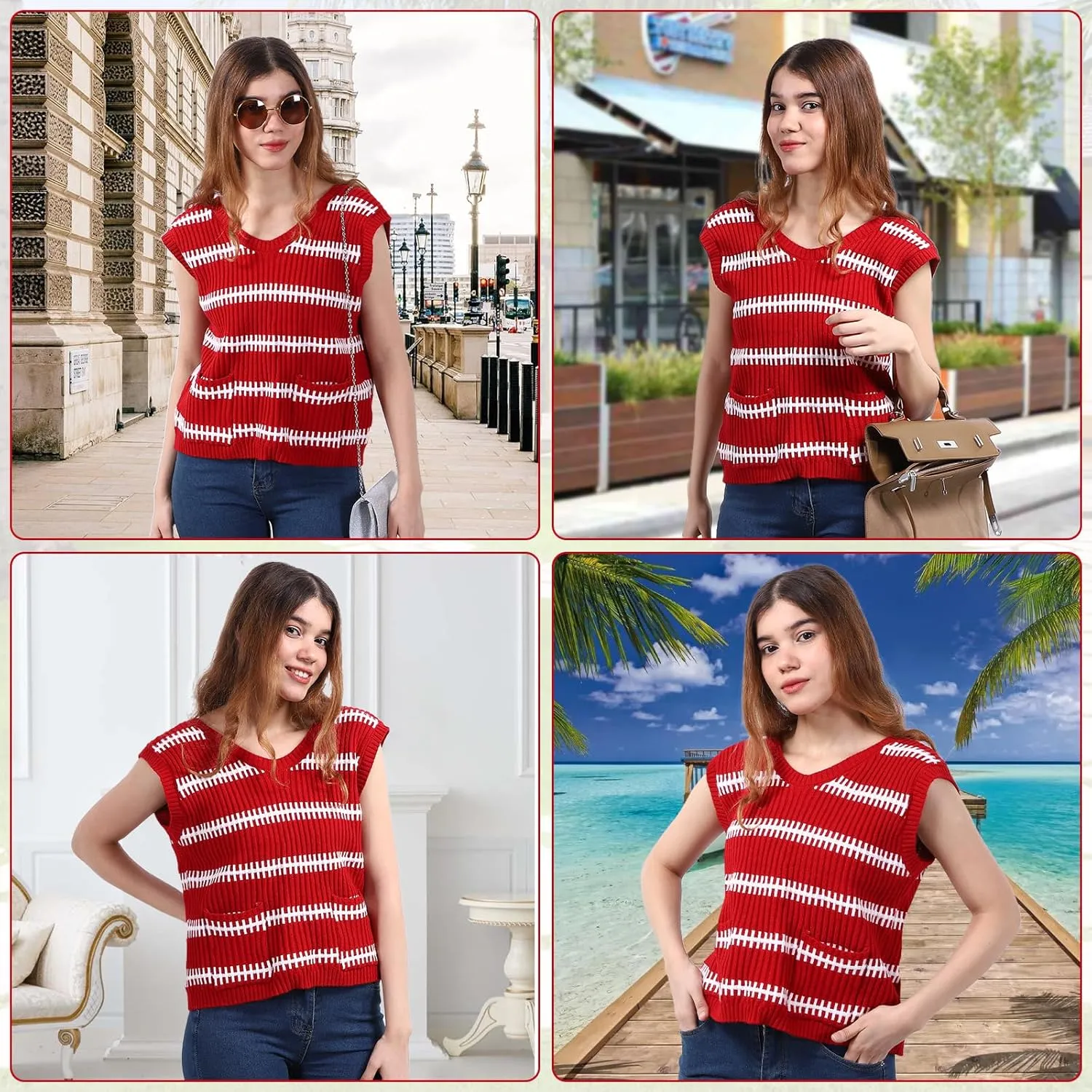 Sweater Vest Women Casual Sleeveless Crochet Tops Color Block Tie Back Knit Tank Tops with Pockets