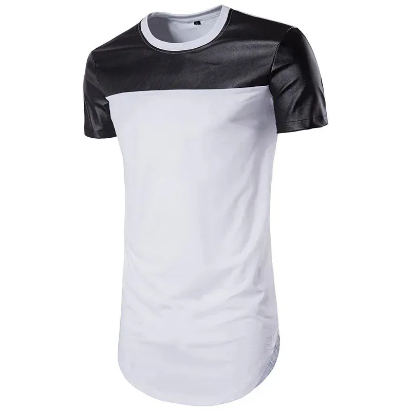 T Shirt Men Long Patchwork Leather Zipper