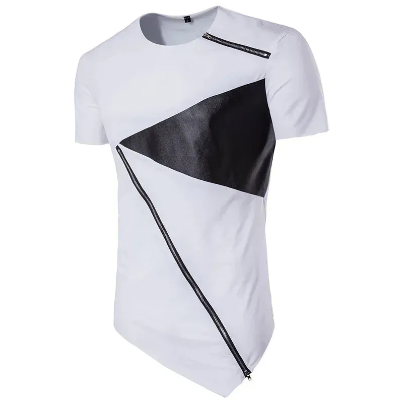 T Shirt Men Long Patchwork Leather Zipper