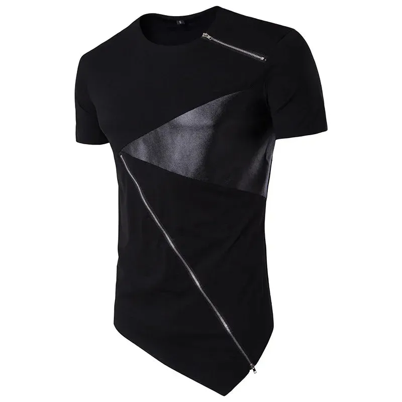 T Shirt Men Long Patchwork Leather Zipper