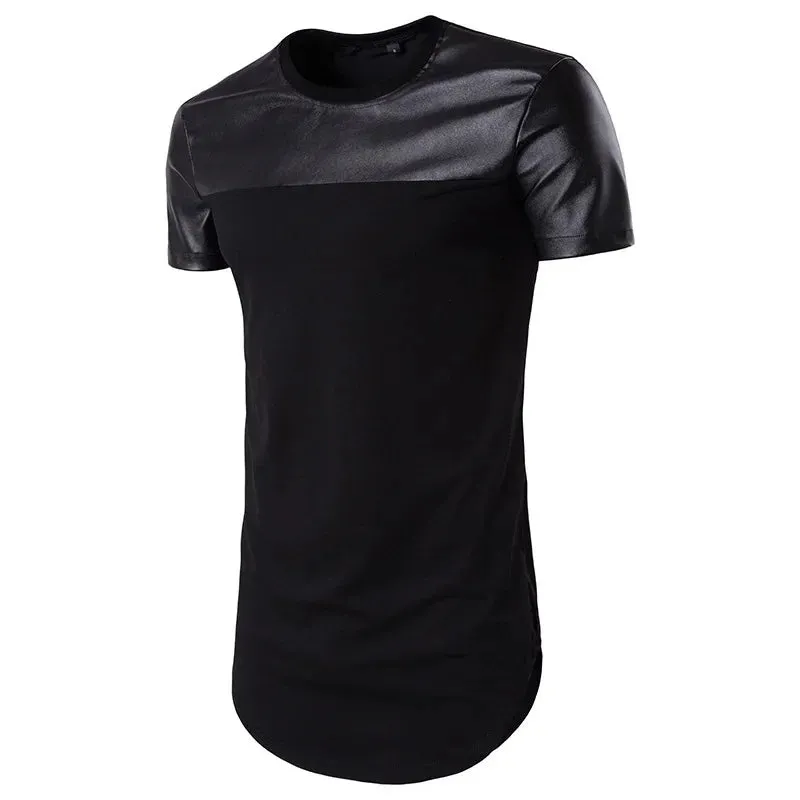 T Shirt Men Long Patchwork Leather Zipper