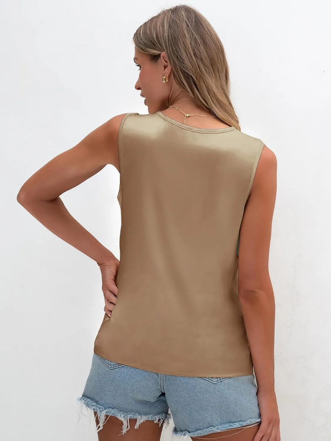 TAKEYAL Womens Summer Satin Tank Tops V Neck Sleeveless Dressy Shirts Casual Loose Tunic Tops Blouses