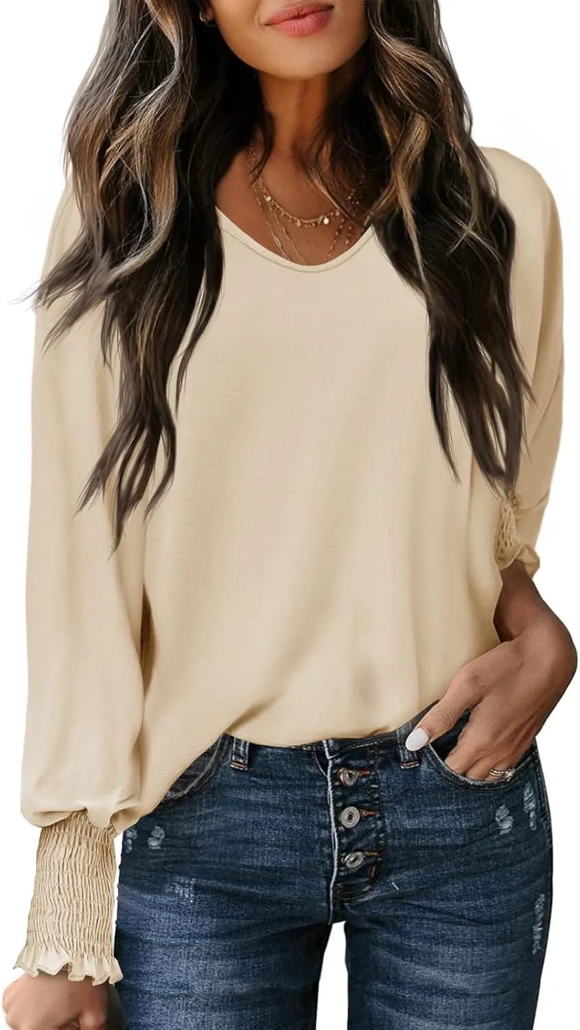 Tankaneo Womens Puff Long Sleeve Tops Oversized V Neck Shirts Dressy Casual Loose Fit Blouses Tees