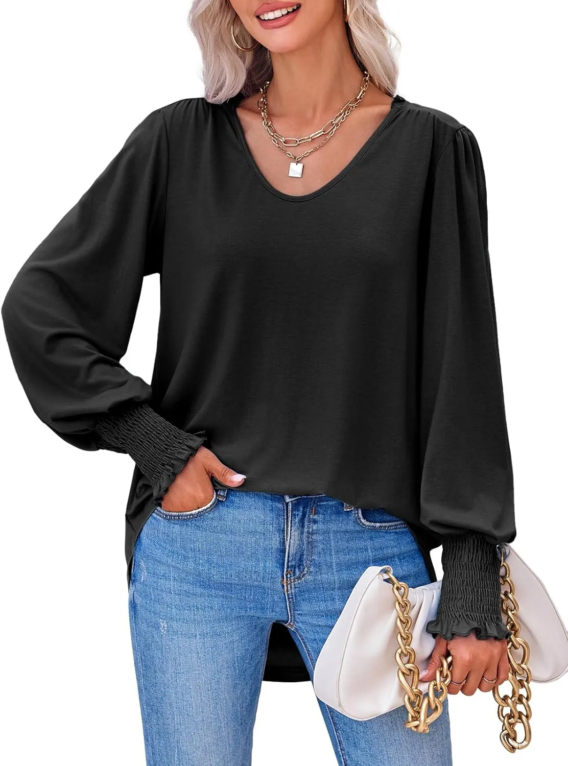 Tankaneo Womens Puff Long Sleeve Tops Oversized V Neck Shirts Dressy Casual Loose Fit Blouses Tees
