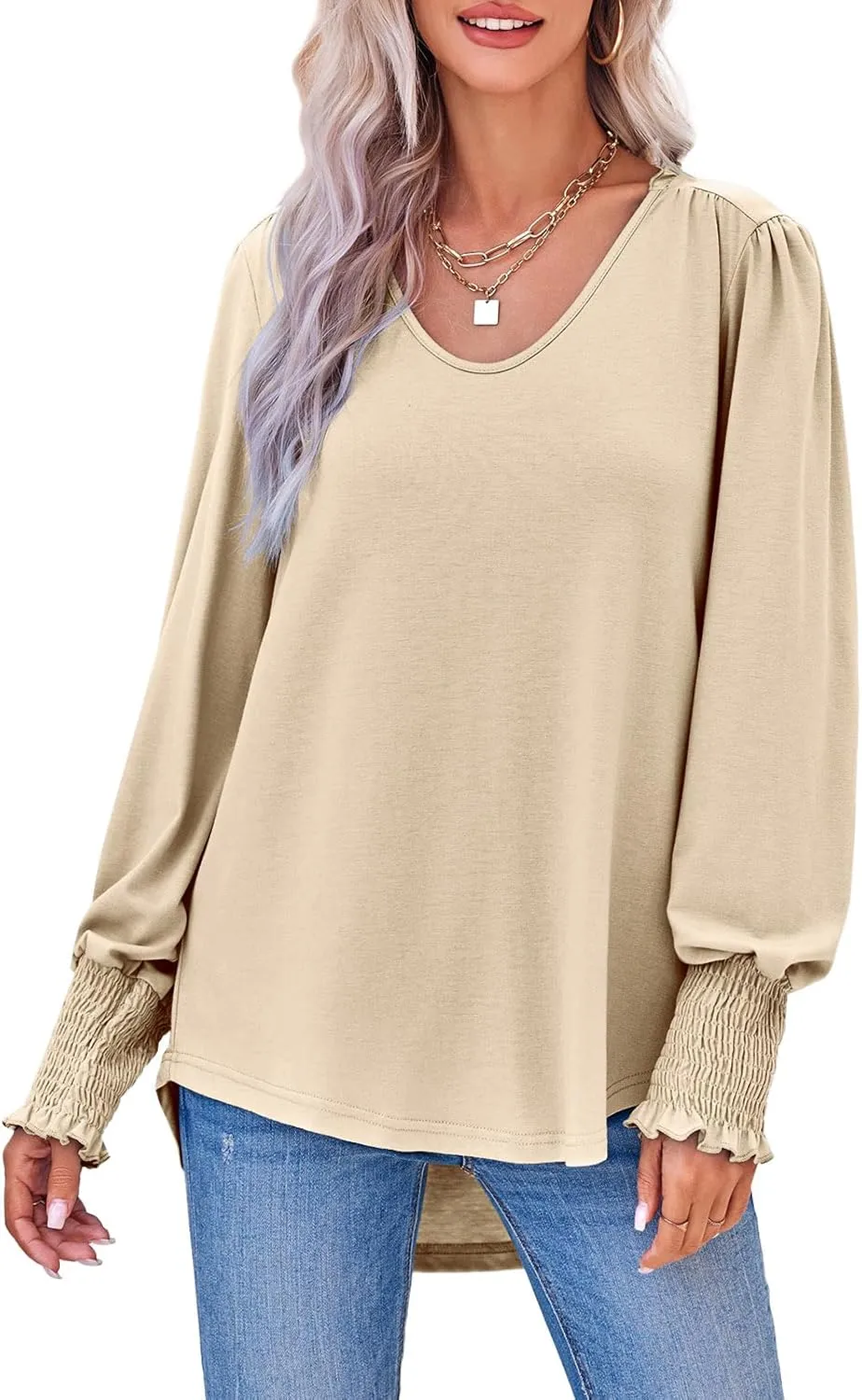 Tankaneo Womens Puff Long Sleeve Tops Oversized V Neck Shirts Dressy Casual Loose Fit Blouses Tees