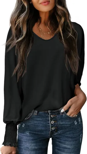 Tankaneo Womens Puff Long Sleeve Tops Oversized V Neck Shirts Dressy Casual Loose Fit Blouses Tees