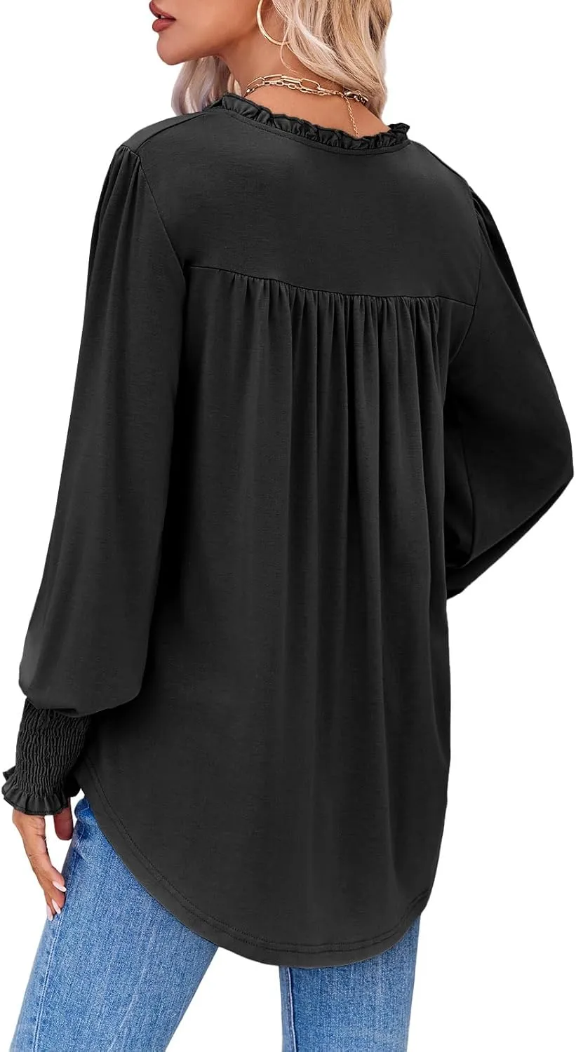 Tankaneo Womens Puff Long Sleeve Tops Oversized V Neck Shirts Dressy Casual Loose Fit Blouses Tees