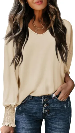 Tankaneo Womens Puff Long Sleeve Tops Oversized V Neck Shirts Dressy Casual Loose Fit Blouses Tees