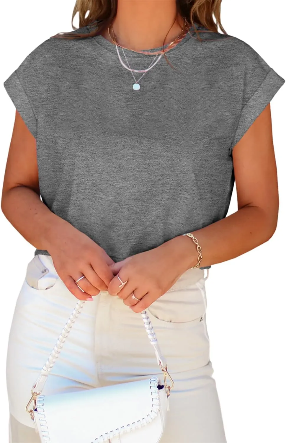 Tankaneo Womens Short Sleeve Cropped T-Shirts Summer Rolled Dolman Sleeve Crop Tops Casual Round Neck Solid Short Basic Tees