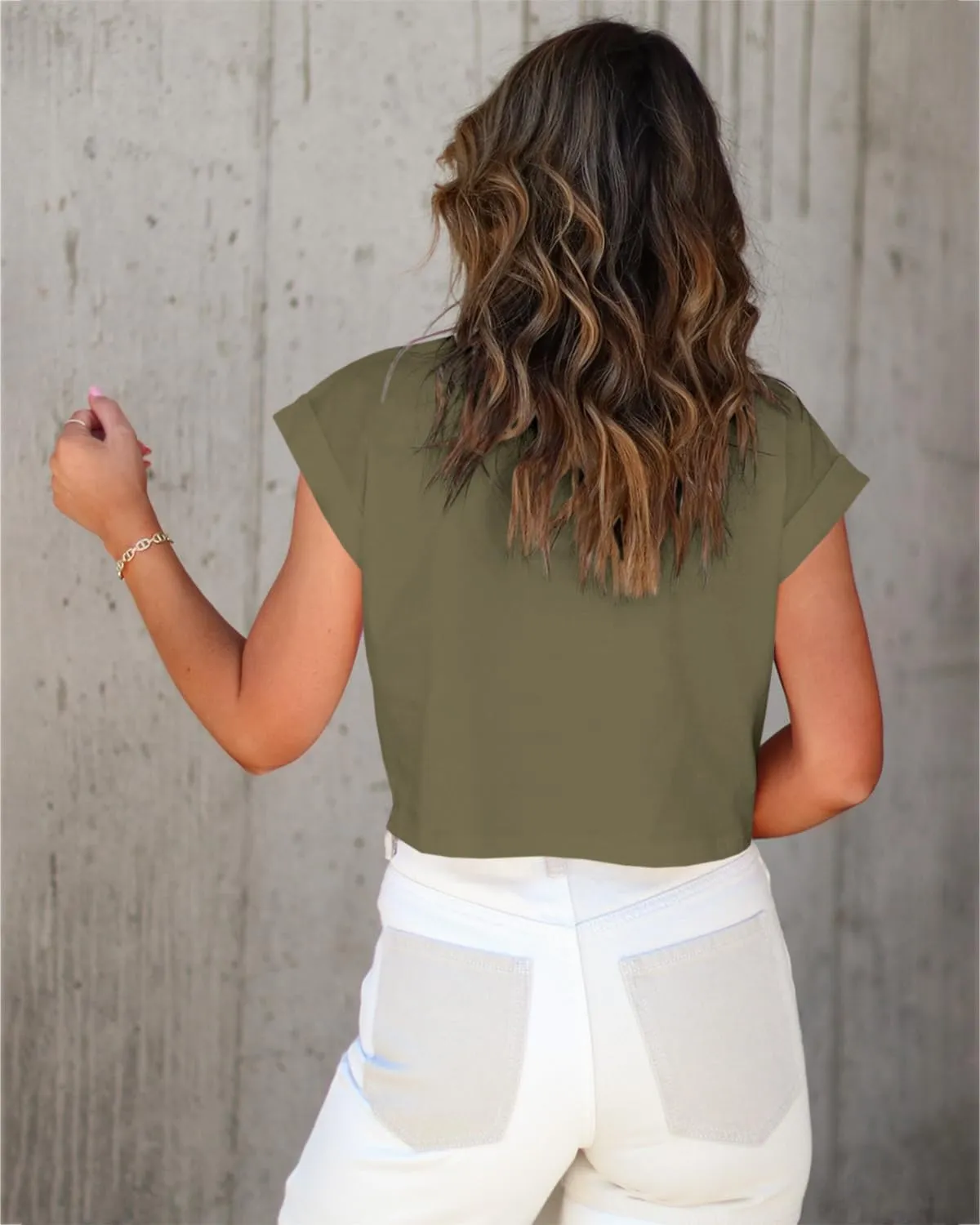 Tankaneo Womens Short Sleeve Cropped T-Shirts Summer Rolled Dolman Sleeve Crop Tops Casual Round Neck Solid Short Basic Tees