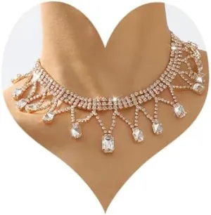 Tassel Crystal Rhinestone Pendant Choker Silver Gold Crystal Choker Rectangle Rhinestone Drop Necklace for Women for Party or Wedding