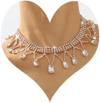 Tassel Crystal Rhinestone Pendant Choker Silver Gold Crystal Choker Rectangle Rhinestone Drop Necklace for Women for Party or Wedding