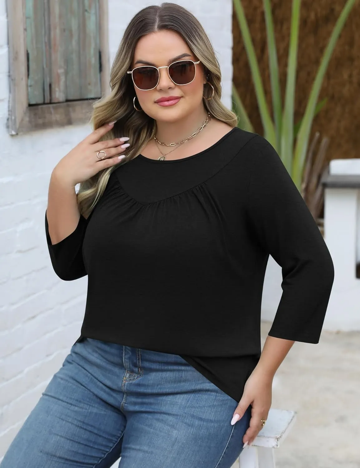TFSDOD Womens Plus Size Tops 3/4 Length Sleeve Blouses Crew Neck Shirts Casual Loose Tunic Tops 1X-5X