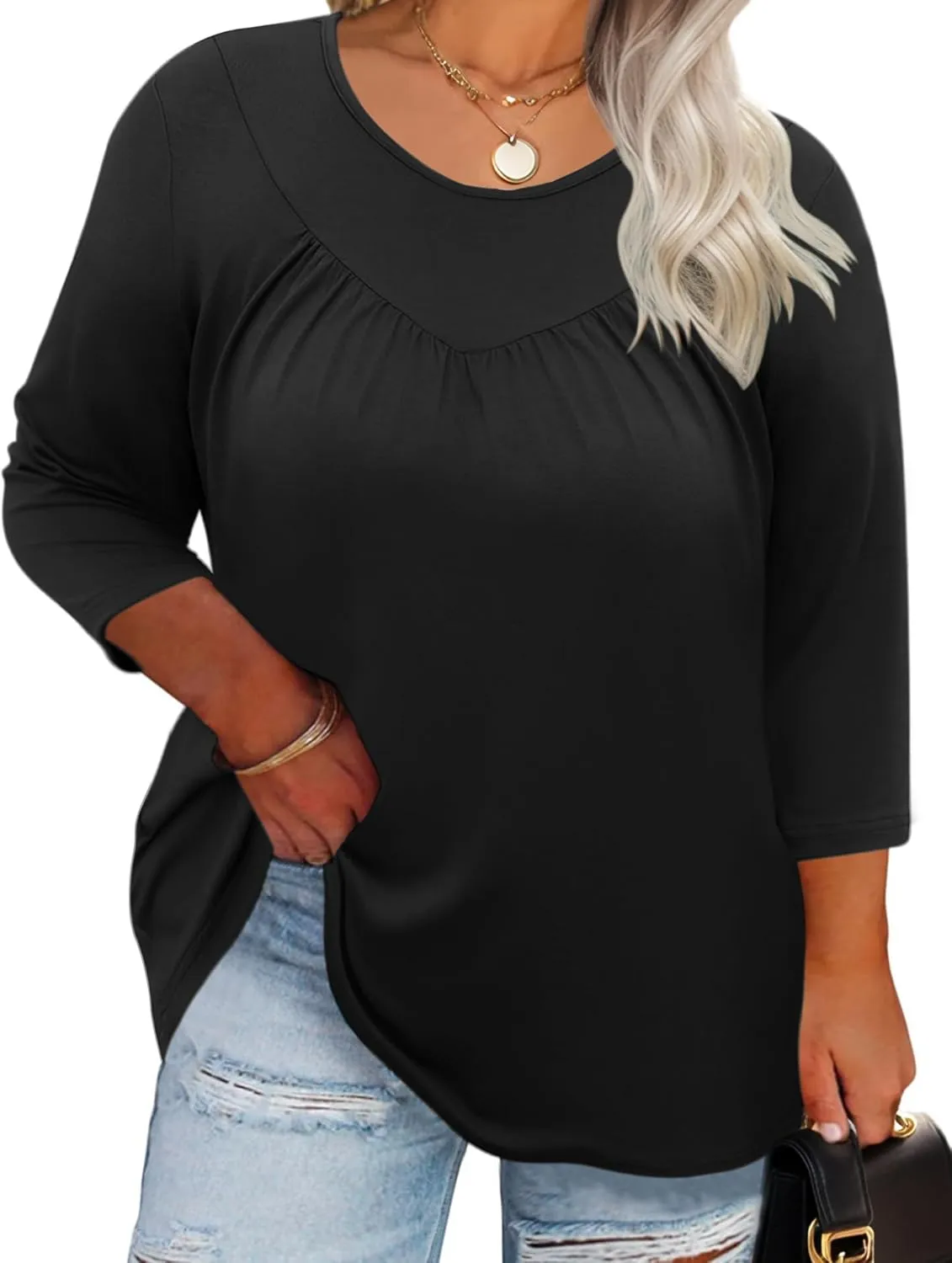 TFSDOD Womens Plus Size Tops 3/4 Length Sleeve Blouses Crew Neck Shirts Casual Loose Tunic Tops 1X-5X