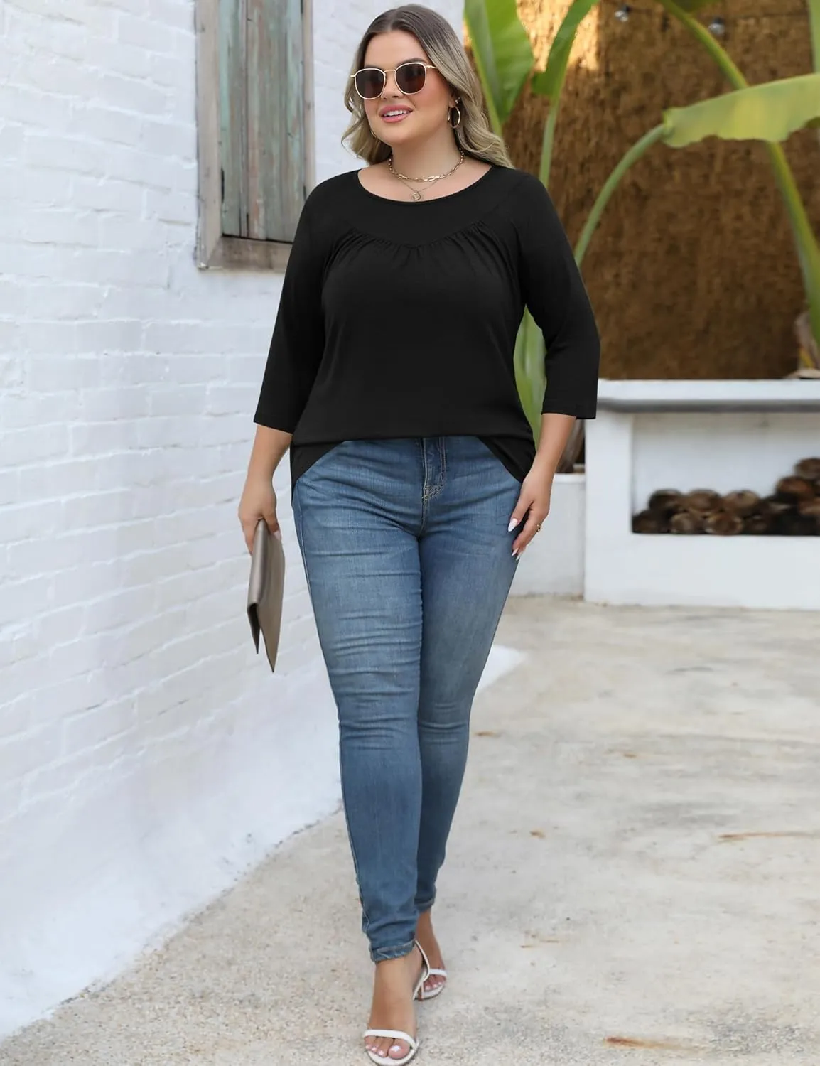 TFSDOD Womens Plus Size Tops 3/4 Length Sleeve Blouses Crew Neck Shirts Casual Loose Tunic Tops 1X-5X