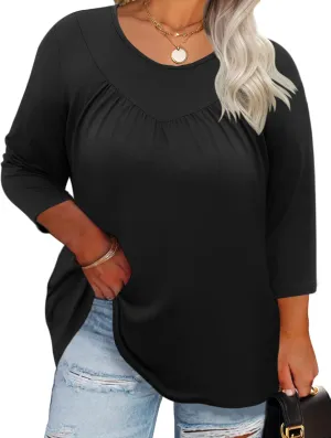 TFSDOD Womens Plus Size Tops 3/4 Length Sleeve Blouses Crew Neck Shirts Casual Loose Tunic Tops 1X-5X