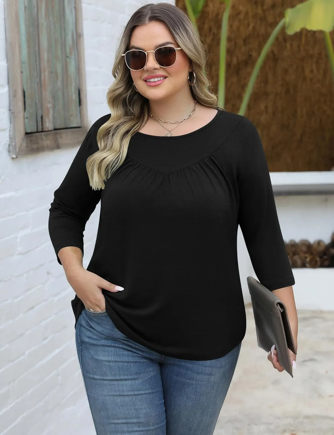 TFSDOD Womens Plus Size Tops 3/4 Length Sleeve Blouses Crew Neck Shirts Casual Loose Tunic Tops 1X-5X