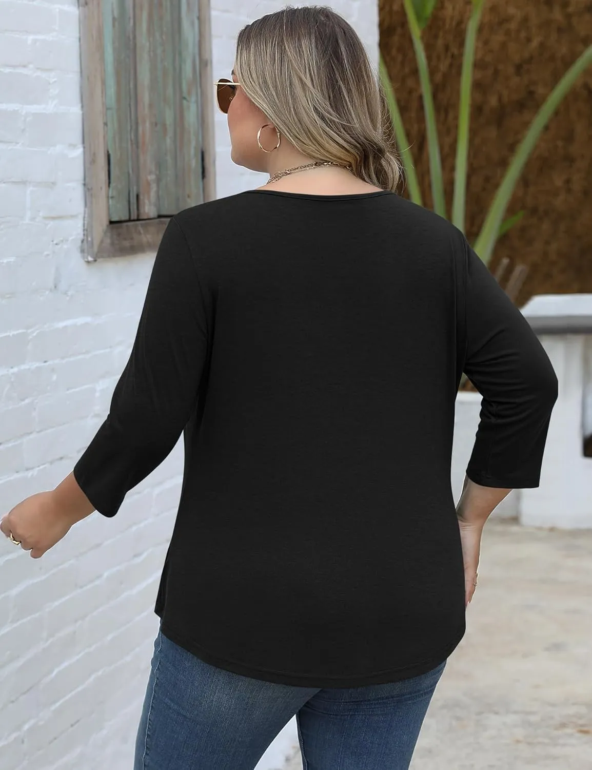 TFSDOD Womens Plus Size Tops 3/4 Length Sleeve Blouses Crew Neck Shirts Casual Loose Tunic Tops 1X-5X