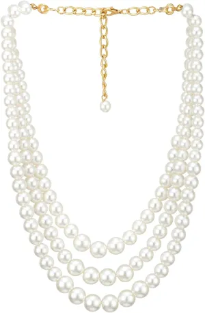 Three-strand Waterfall White Pearls Necklace Statement Necklace Beads Chains Layered, Dress Wedding