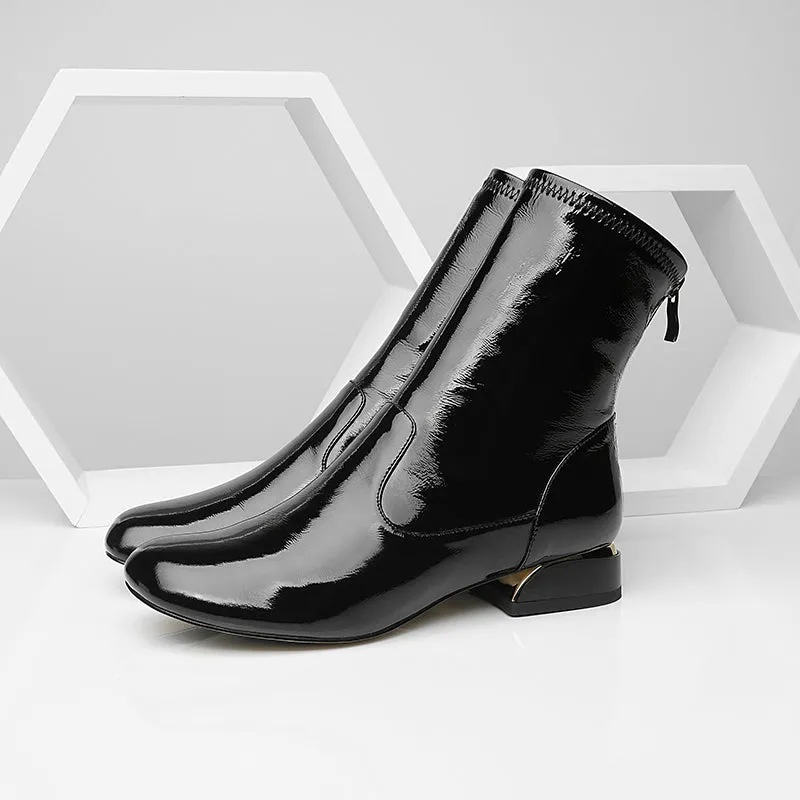 TinaCus Women's Handmade Patent Leather Round Toe Comfort Flat Stylish Back Zipper Ankle Boots