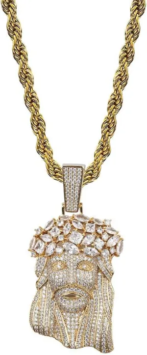 TOPGRILLZ Jesus Pendant Necklace Rope Gold Chain for Men Iced out 14K Gold Plated Simulated Diamond Chain Stainless Steel Chain 24 inch