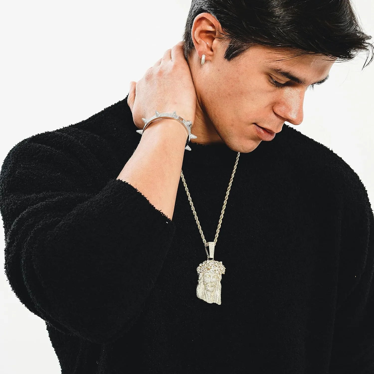 TOPGRILLZ Jesus Pendant Necklace Rope Gold Chain for Men Iced out 14K Gold Plated Simulated Diamond Chain Stainless Steel Chain 24 inch