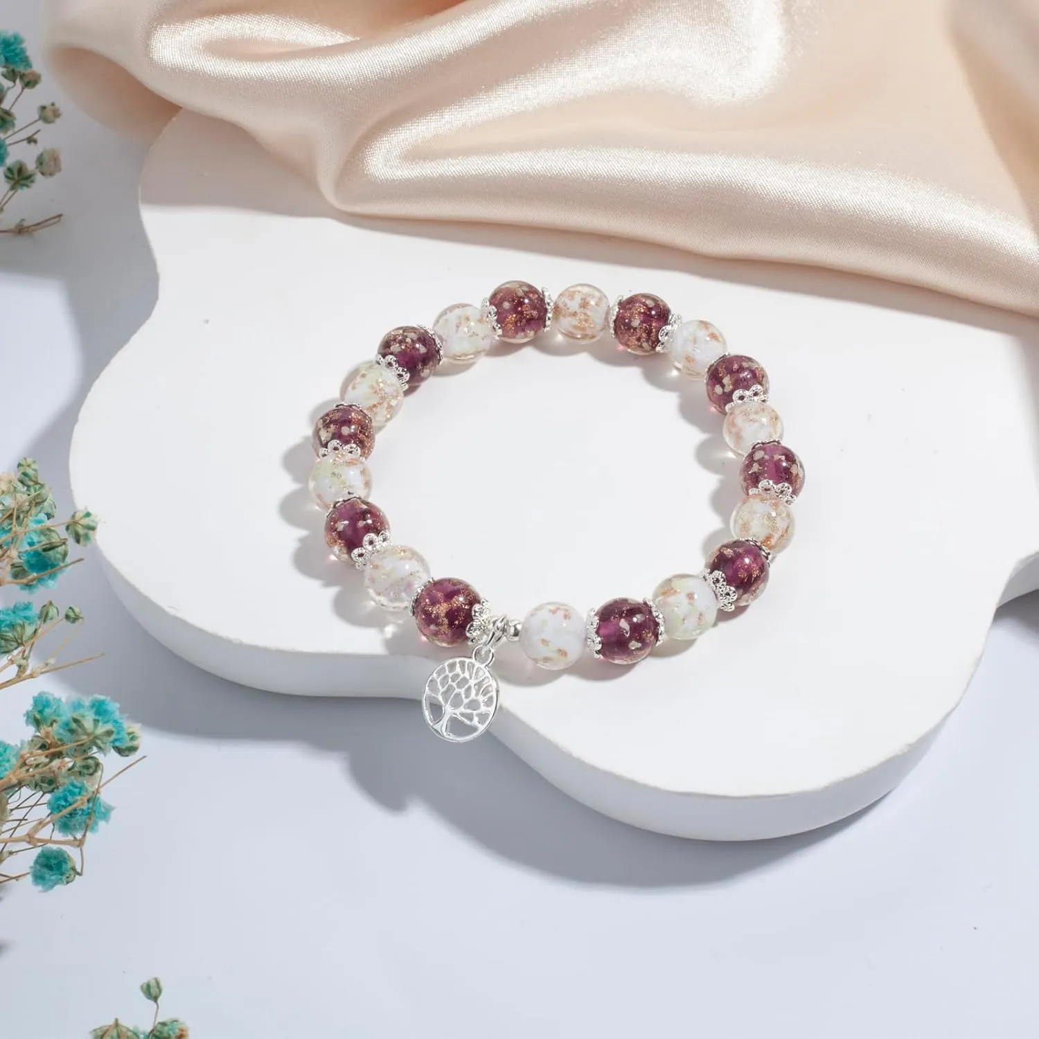 Tree of Life Charm Bracelets for Girl Firefly Beaded Bracelet Luminous Bead Bracelet Girls Jewelry Birthday Wedding Party Gift with Gift Box