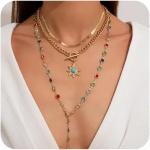 Trendy Boho Multi-Layer Necklace for Women - Gold Plated Y Lariat Necklace with Gemstones and Sun Pendant on Snake Chain