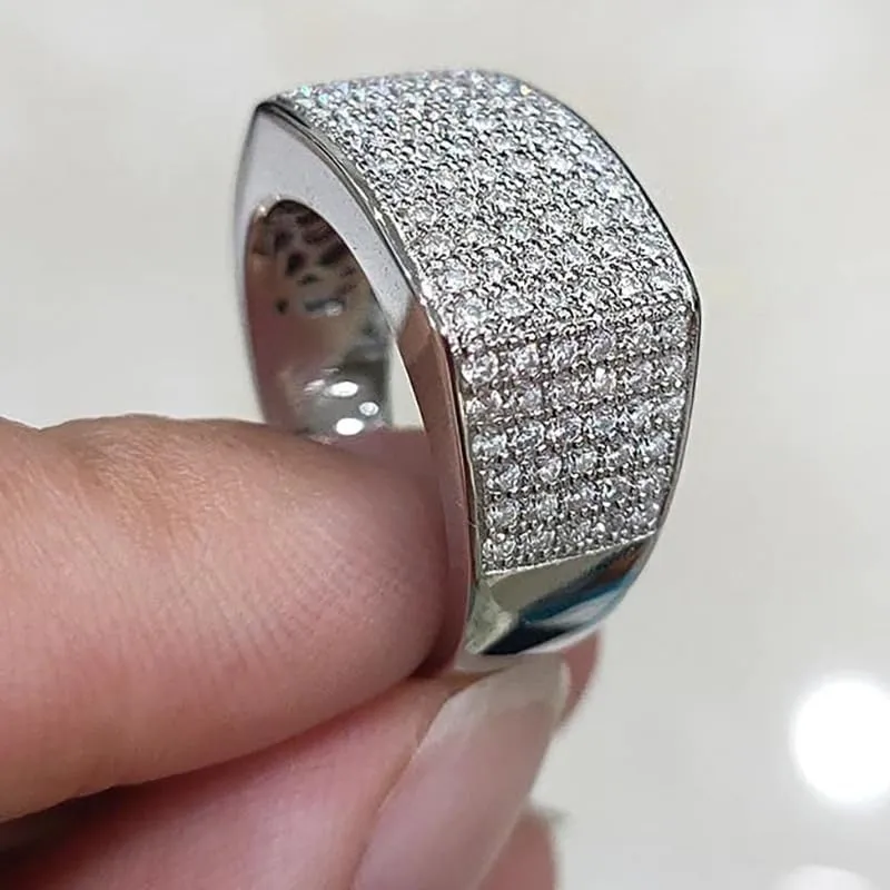 TSECIMGS Platinum Unique Design Micro-Pav Shiny Cubic Zirconia Ring with Starry Sky Effect Luxury Minimalist Wide Band Statement Cocktail Index Finger Ring for Men and Women(6)