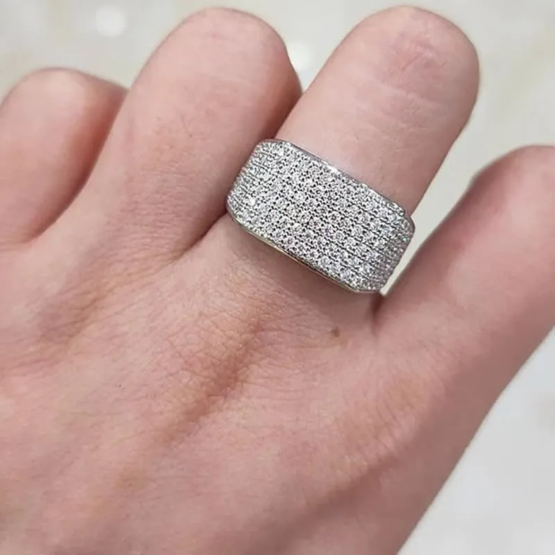 TSECIMGS Platinum Unique Design Micro-Pav Shiny Cubic Zirconia Ring with Starry Sky Effect Luxury Minimalist Wide Band Statement Cocktail Index Finger Ring for Men and Women(6)