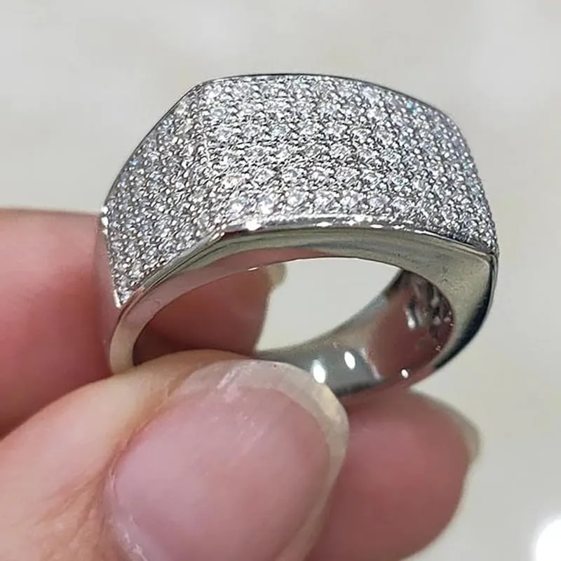 TSECIMGS Platinum Unique Design Micro-Pav Shiny Cubic Zirconia Ring with Starry Sky Effect Luxury Minimalist Wide Band Statement Cocktail Index Finger Ring for Men and Women(6)