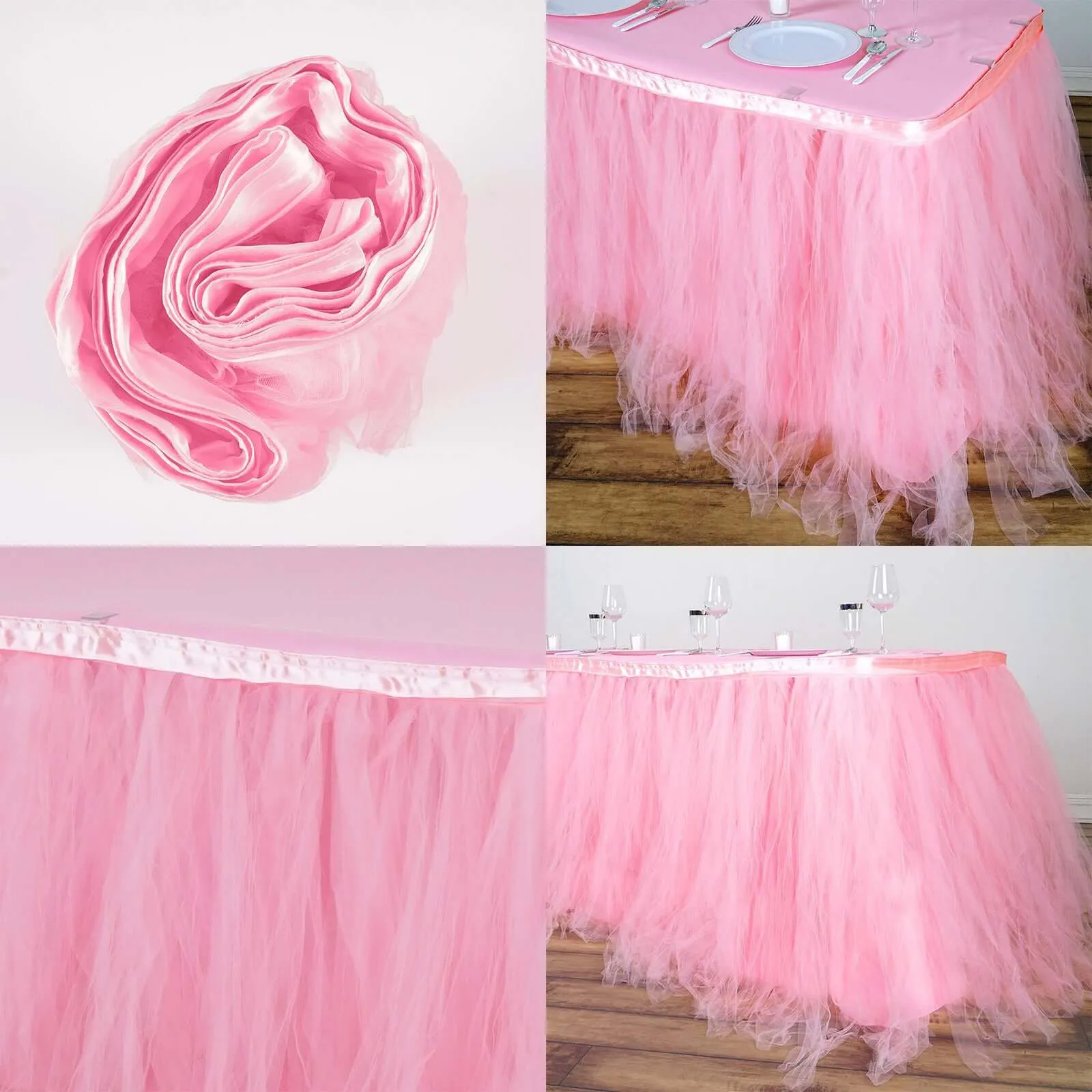 Tulle Table Skirt 17ft Pink/Rose Quartz - 4 Layer Pleated Tutu Table Cover