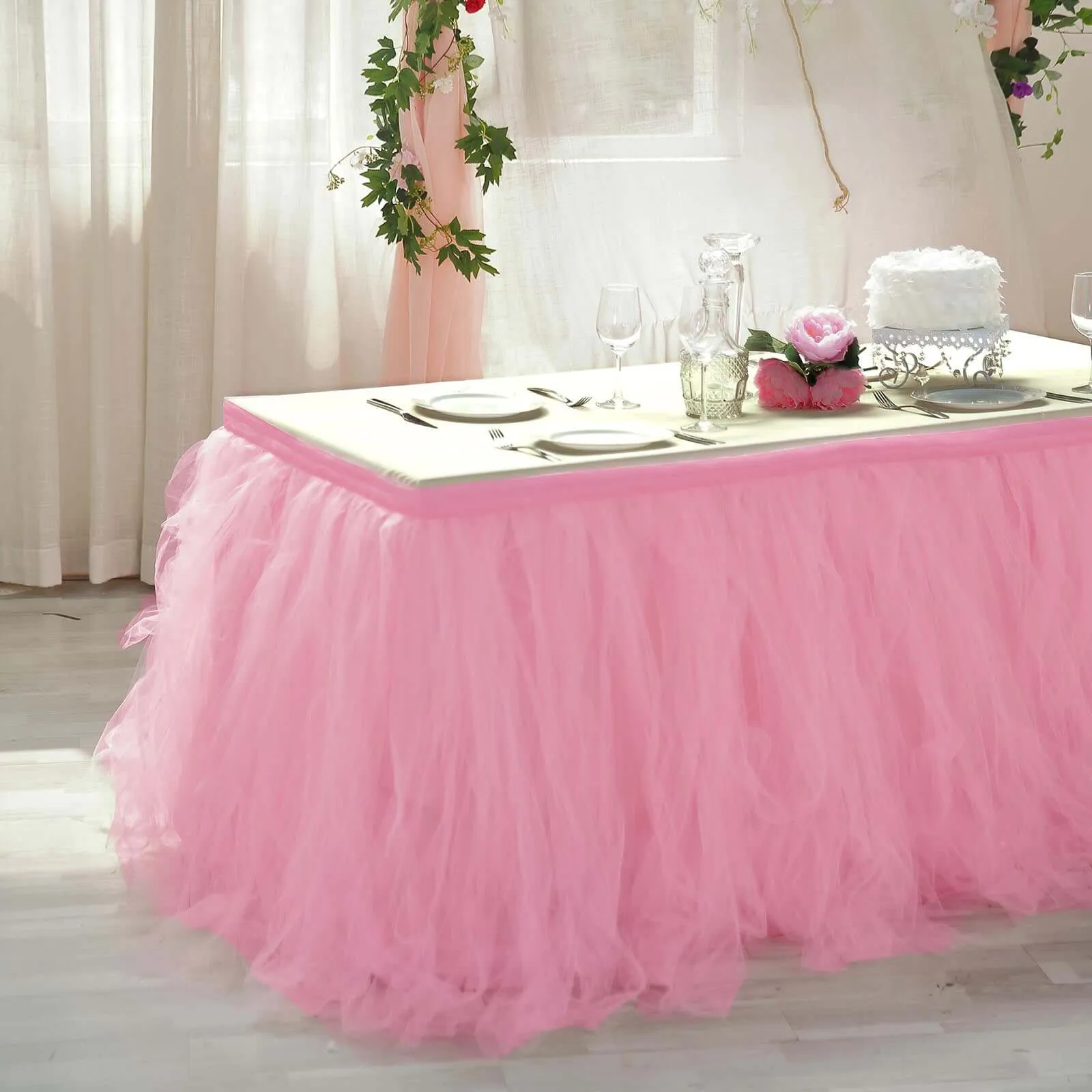 Tulle Table Skirt 17ft Pink/Rose Quartz - 4 Layer Pleated Tutu Table Cover