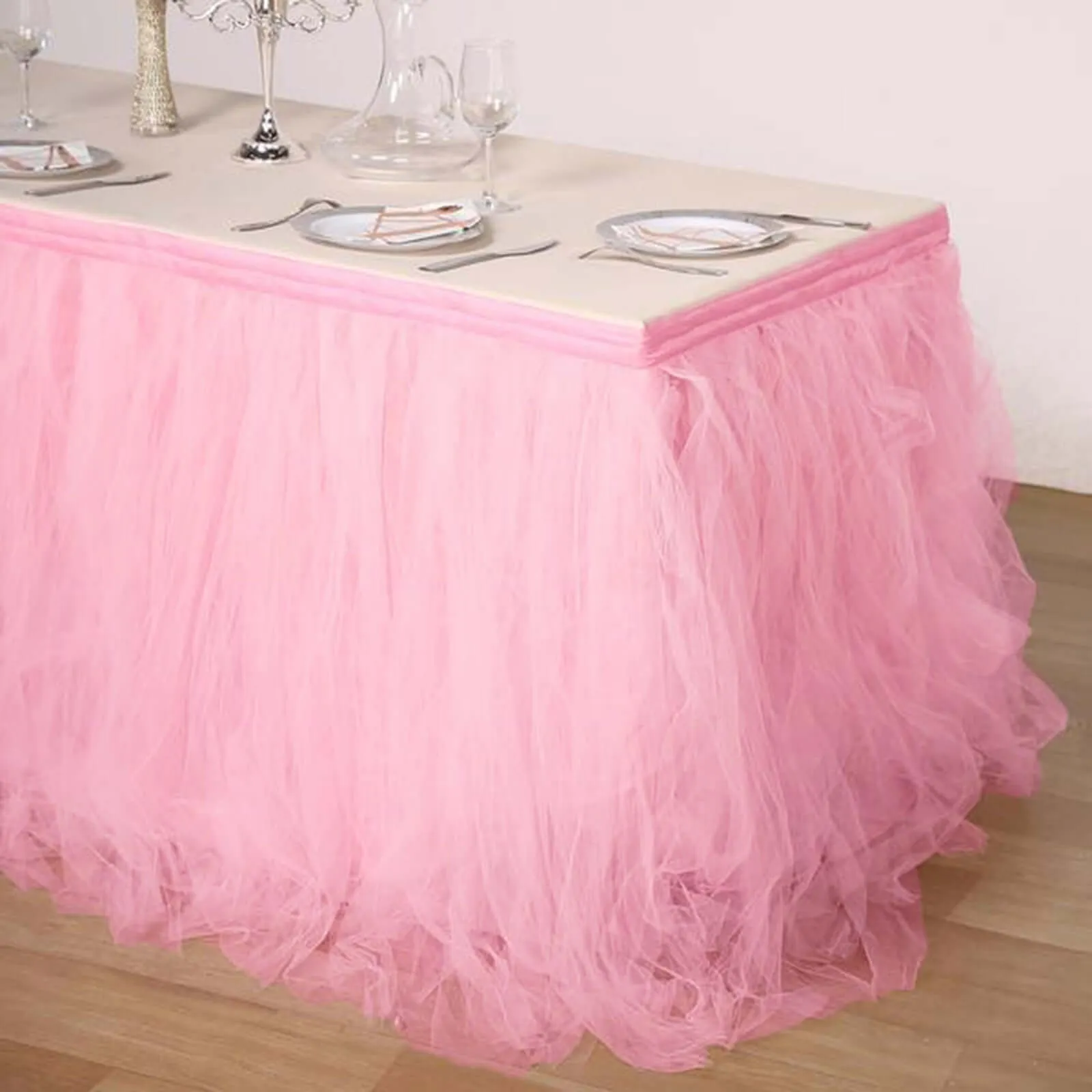 Tulle Table Skirt 17ft Pink/Rose Quartz - 4 Layer Pleated Tutu Table Cover