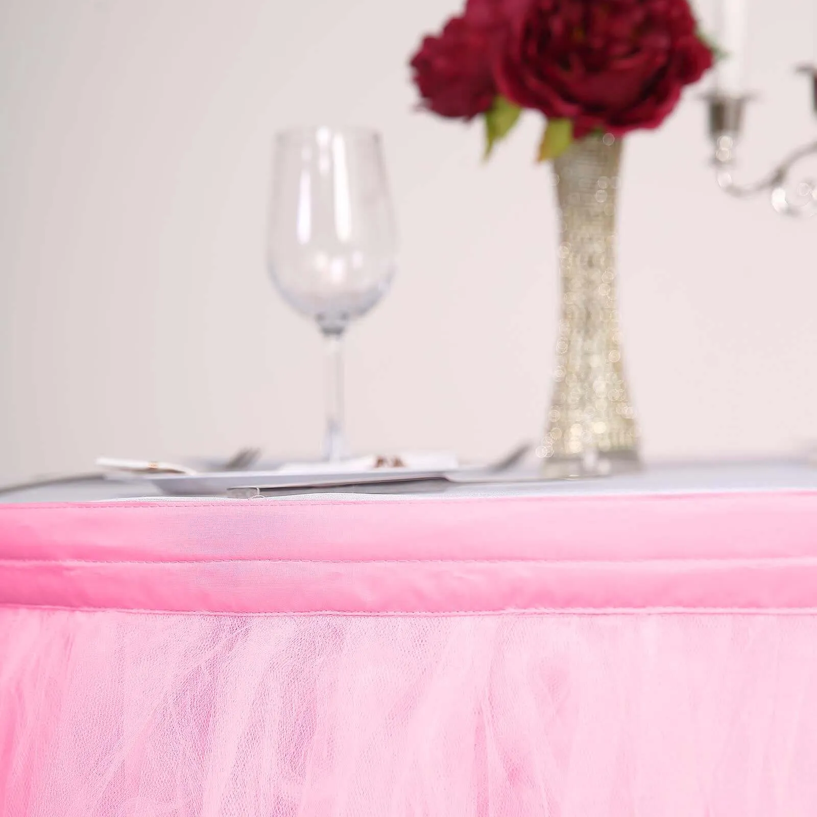 Tulle Table Skirt 17ft Pink/Rose Quartz - 4 Layer Pleated Tutu Table Cover
