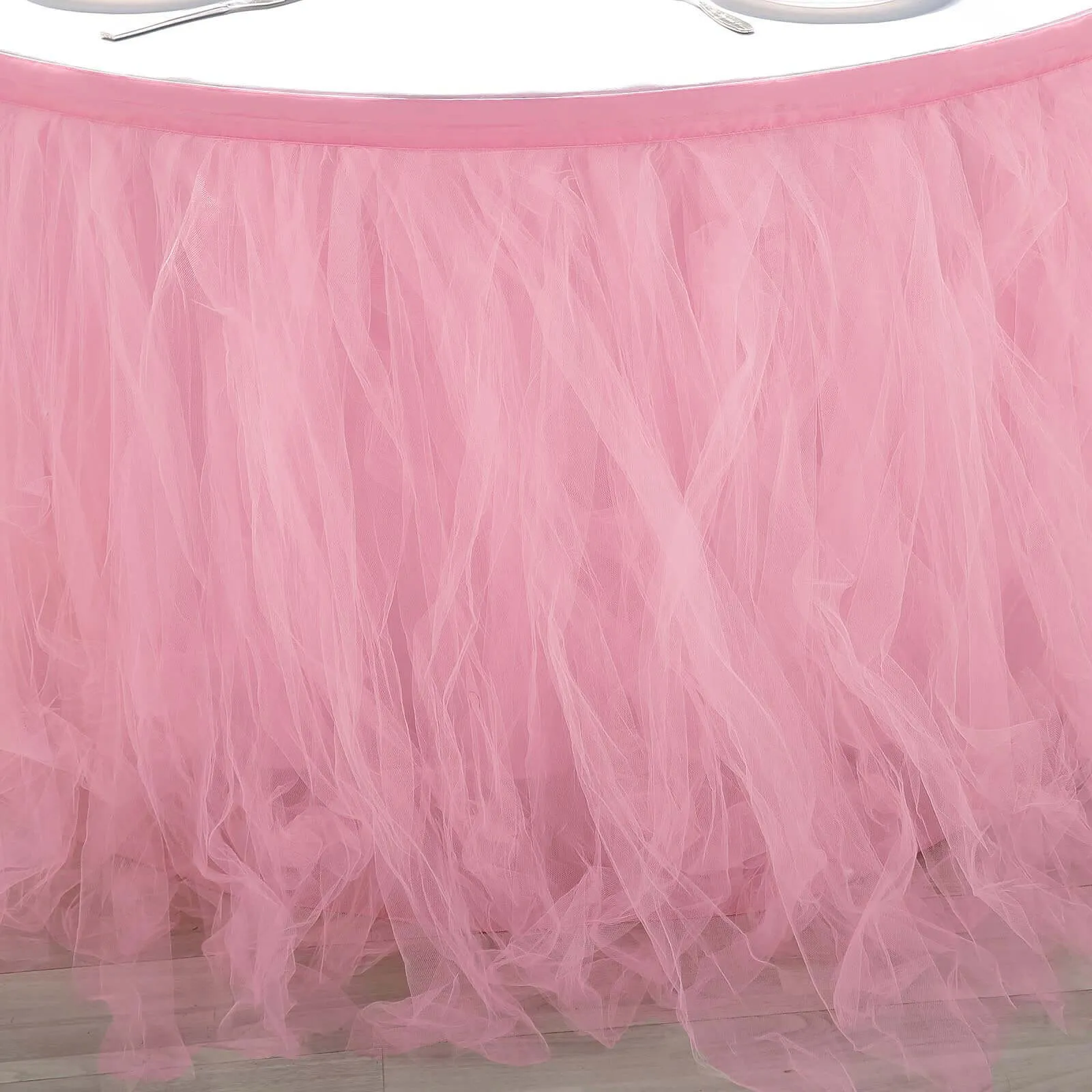 Tulle Table Skirt 17ft Pink/Rose Quartz - 4 Layer Pleated Tutu Table Cover
